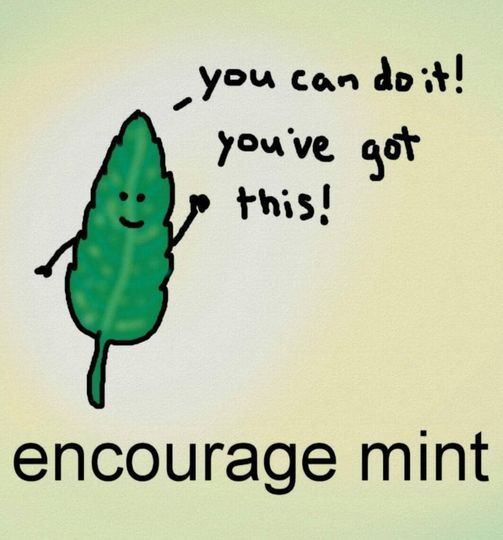 A mint leaf saying 'you can do this! you've got this!', labelled 'encourage mint'.
